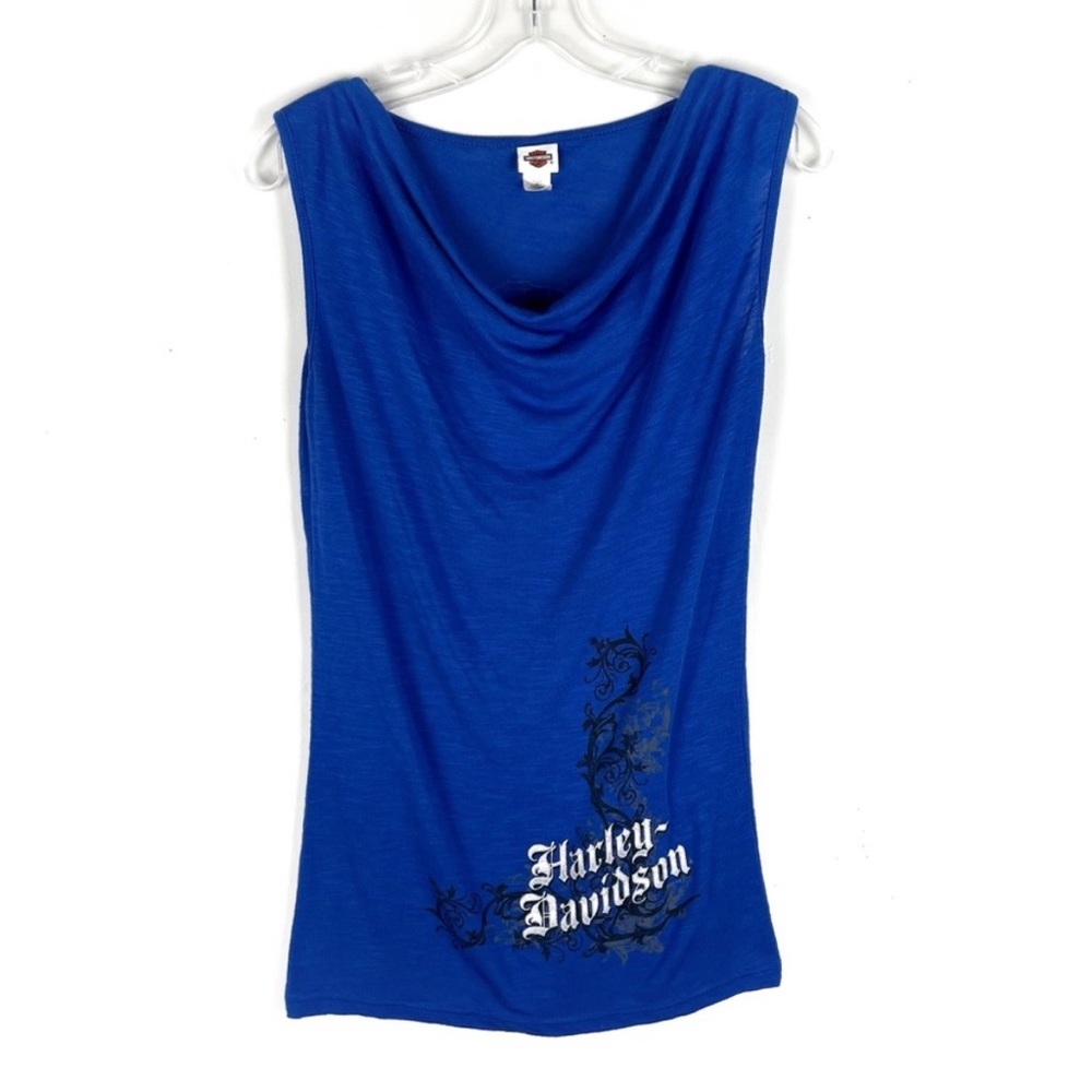 Harley Davidson Royal Blue Drape Neck Silver Script Sleeveless Top Medium M